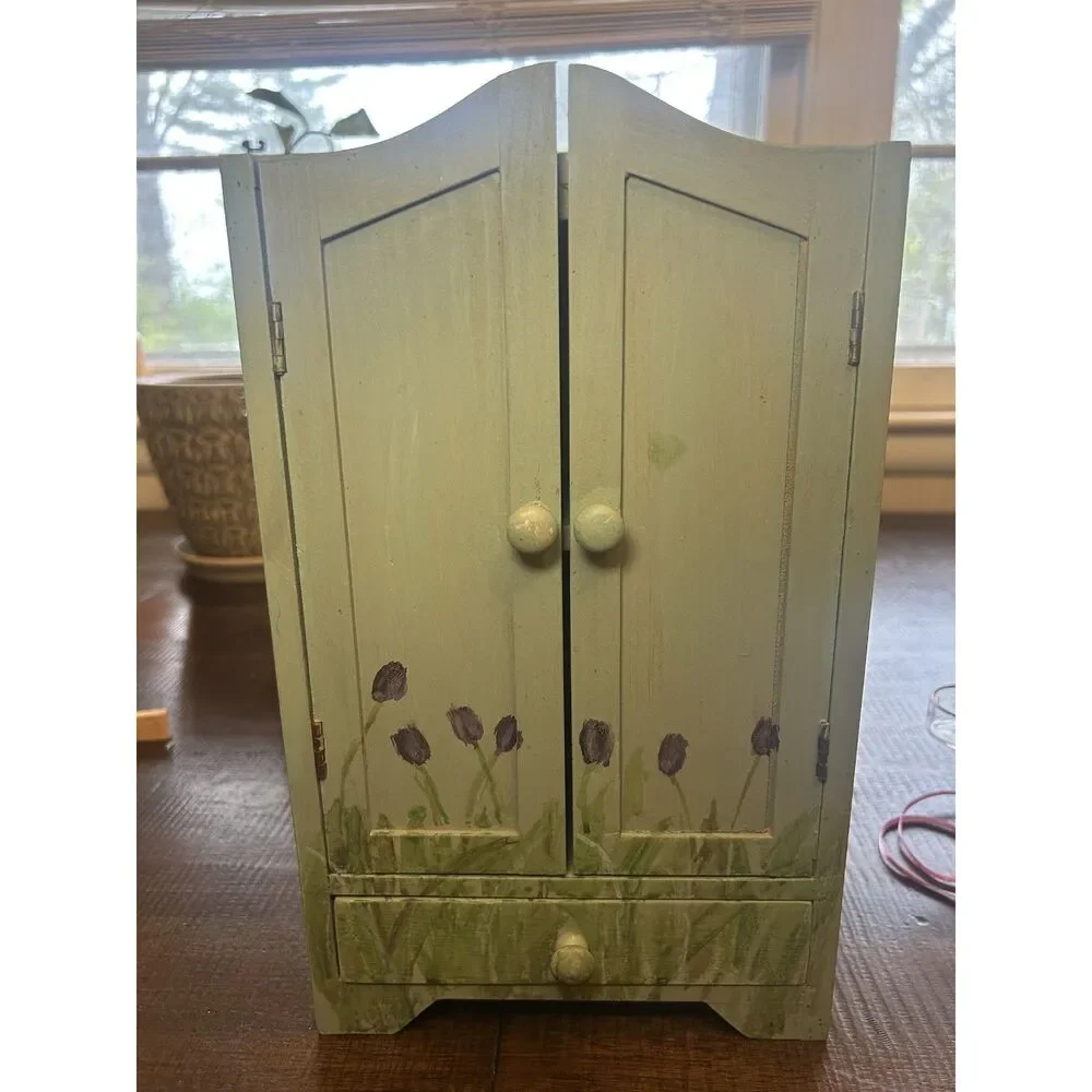 Vintage Hand Painted Wooden Jewelry Box Cabinet Sage Green Tulip Cottagecore